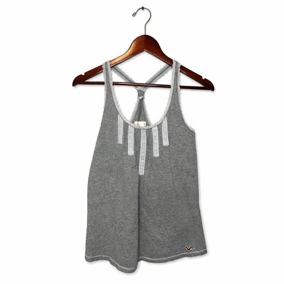 Hollister Womens Y2K Grey Lace Trim Racerback Tank Size M Heathered Cotton - Picture 2 of 8